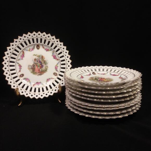 10 Pc Antique 1910 German Lattice Edged Porcelain Bread/Tea Plates - Picture 1 of 16